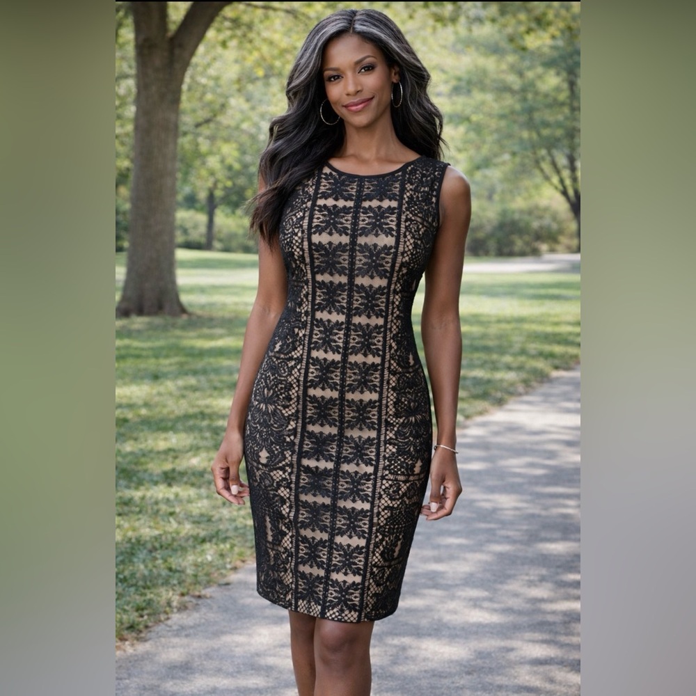 Maggy London Dress Black Nude 10 Stretch Cotton Nylon Lace Sheath NWT $148